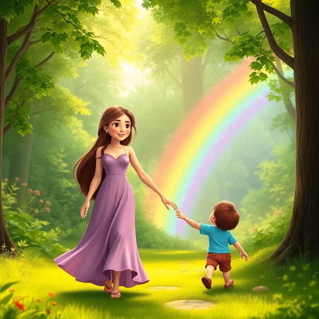 A beautiful mother named Eli, with long brown hair in a flowing dress, walking hand in hand with Emilio towards a sparkling rainbow in a lush green forest, bright and inviting scene, playful, child-friendly