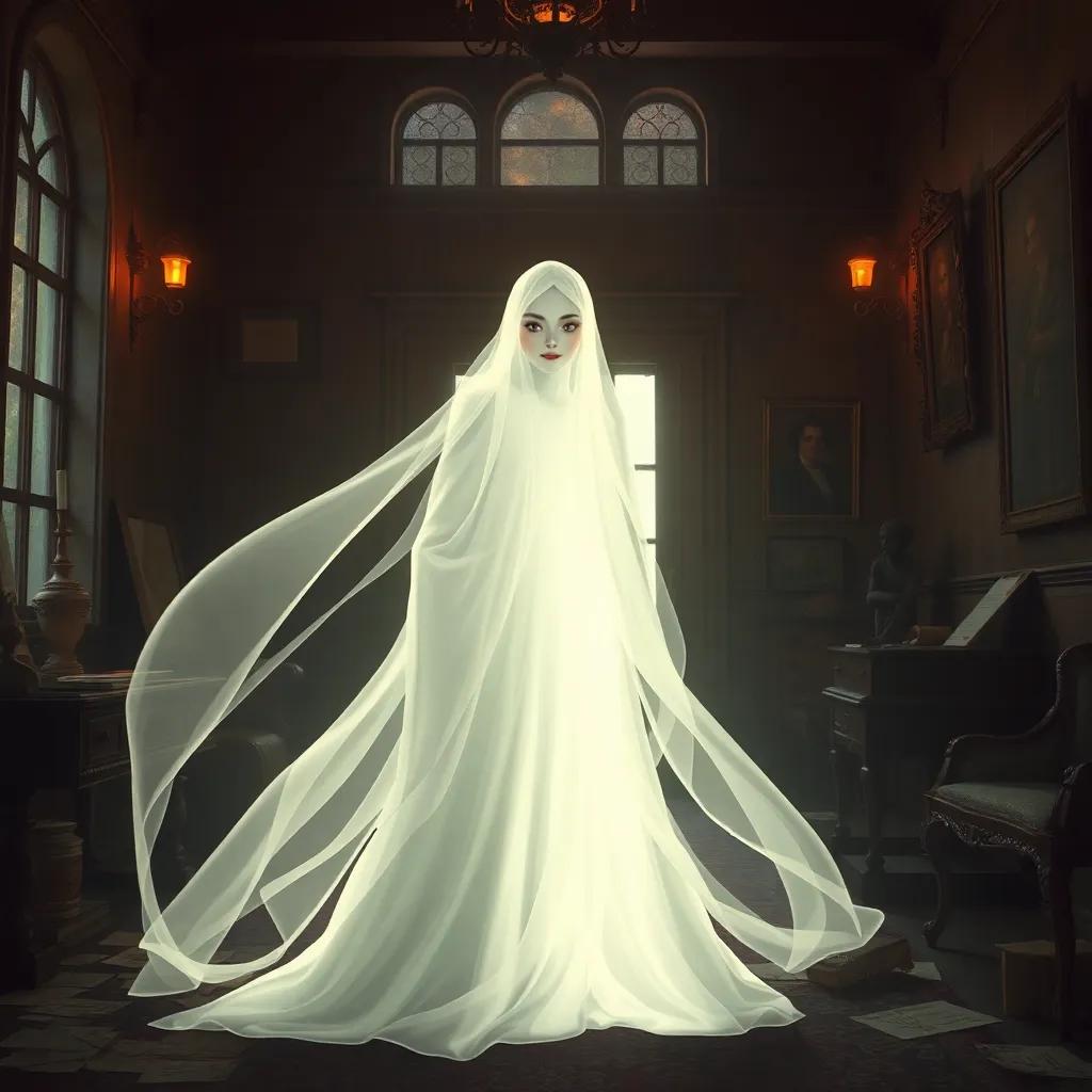 A gentle ghost, Elizabeth, with flowing white robes and a kind smile, standing beside Emily in the old mansion, surrounded by faded letters and old portraits, warm light, mystical and serene, creating a bond of friendship