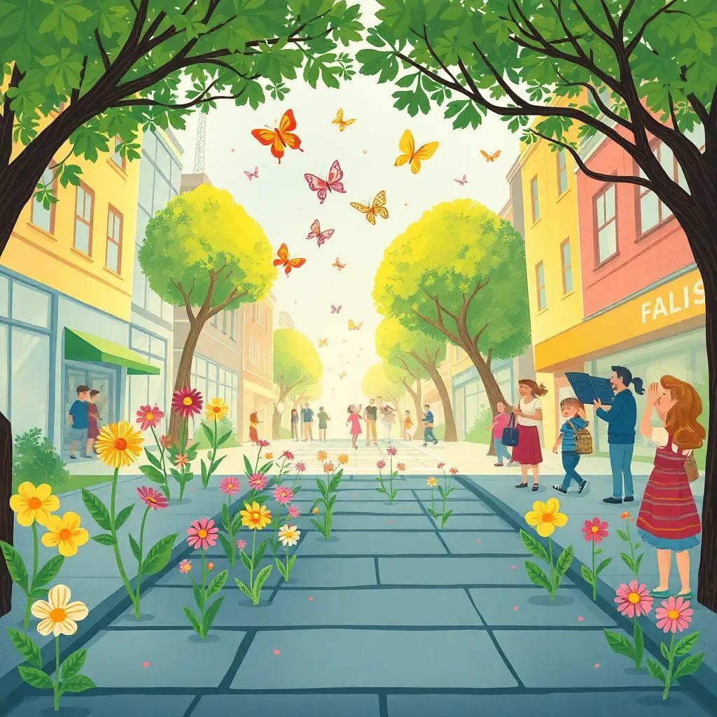 A magical scene of the city with flowers sprouting from the sidewalks, butterflies dancing in the air, people laughing and clapping, trees wiggling and humming, vibrant and lively, illustration, joyful mood, child-friendly