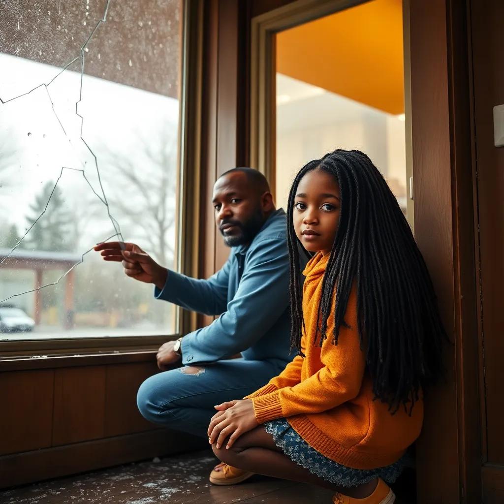 A tall African American girl, Emily Zang, with long dreading hair and butter pecan skin, kneeling beside her uncle Joe, fixing a broken window in a rainy setting, reflective mood, digital art, warm colors, focused on connection, high quality