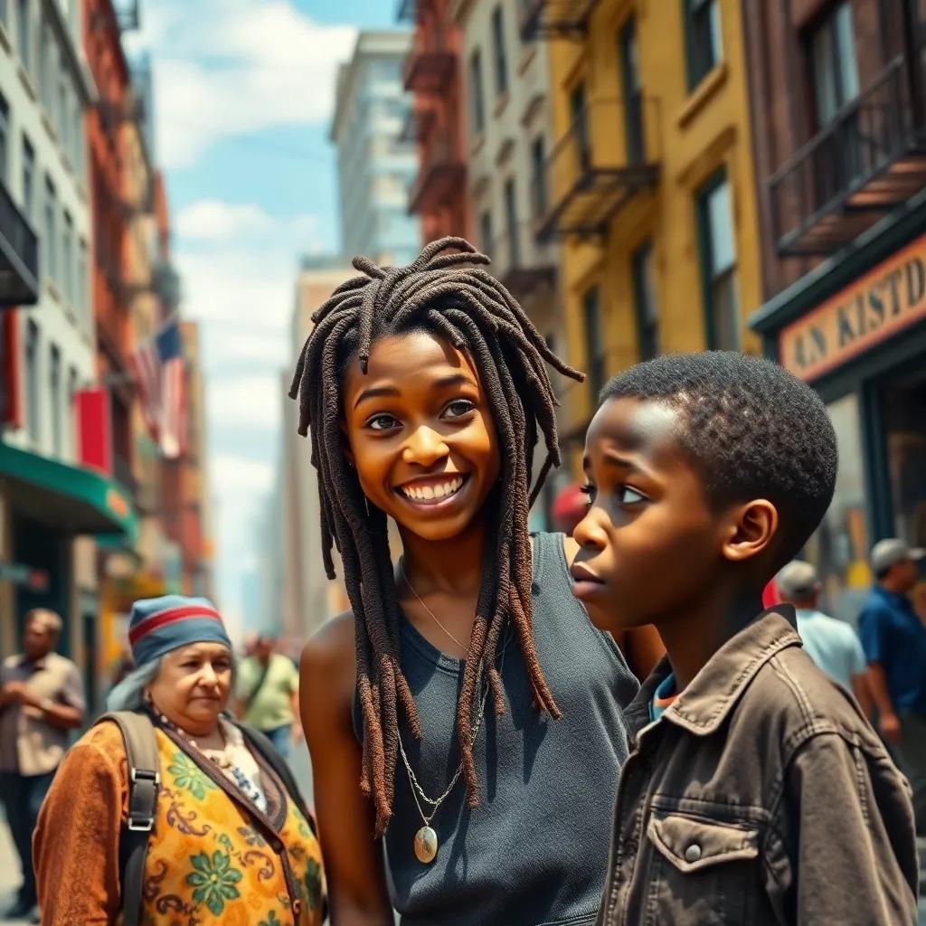 A vibrant street in New York during the Great Depression, with Emily Zang, a tall girl with long dreads and epicanthic folds, excitedly speaking with Michael, a concerned African American boy, colorful neighborhood, bustling atmosphere, daytime, story-like vision, high quality