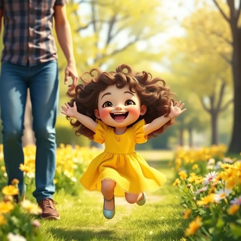 A young girl, Emma, with curly brown hair, wearing a bright yellow dress, jumping with joy beside her dad, in a sunny park surrounded by flowers, cheerful atmosphere, digital art, vibrant colors, soft light, high quality