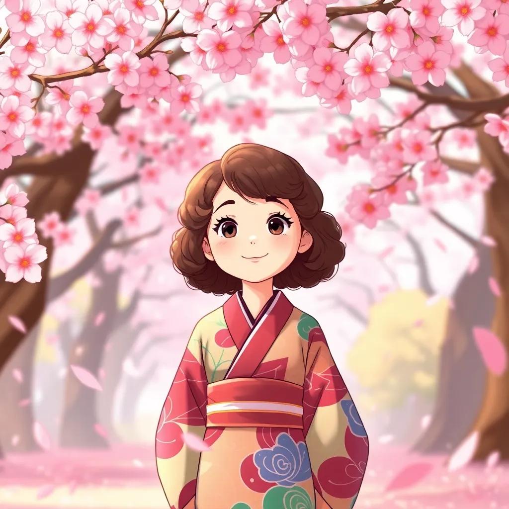 A young girl, Emma, with curly brown hair, wearing a colorful kimono, standing under cherry blossom trees in Japan, surrounded by pink petals falling, magical scene, illustration, warm colors, joyful, high quality