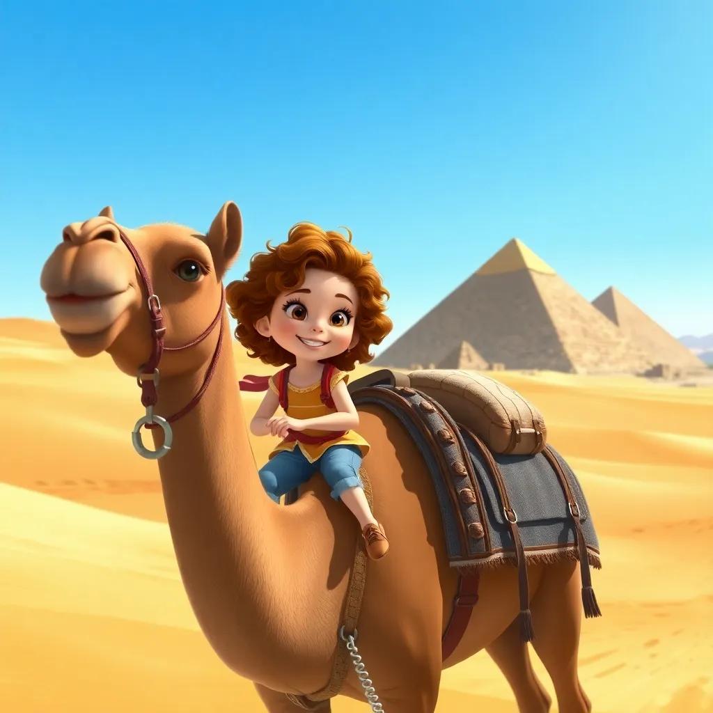 Emma, a young girl with curly brown hair in casual clothes, riding a camel in the Egyptian desert near the pyramids, with bright blue sky and sandy dunes, adventurous atmosphere, digital painting, detailed, cheerful, high quality