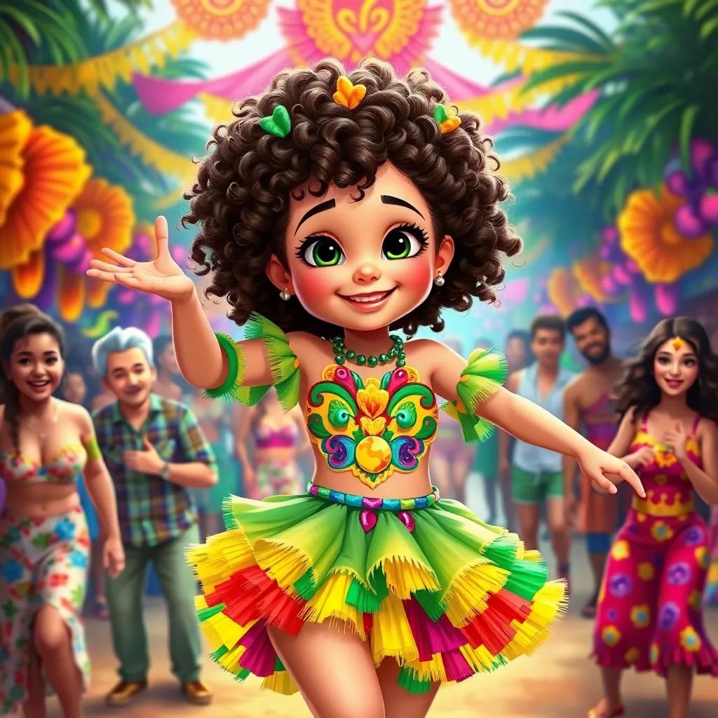 Emma, a young girl with curly brown hair in a colorful carnival outfit, dancing at a vibrant Brazilian carnival, with laughing people around, filled with music and colors, party atmosphere, illustration, dynamic, high quality