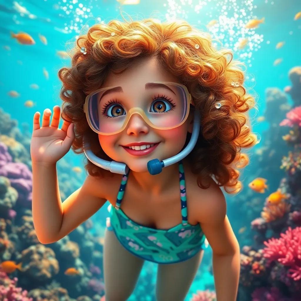 Emma, a young girl with curly brown hair in a swimsuit, snorkeling in the Great Barrier Reef, exploring vibrant coral and fish, underwater scene, colorful, joyful, digital art, bright and colorful light, high quality