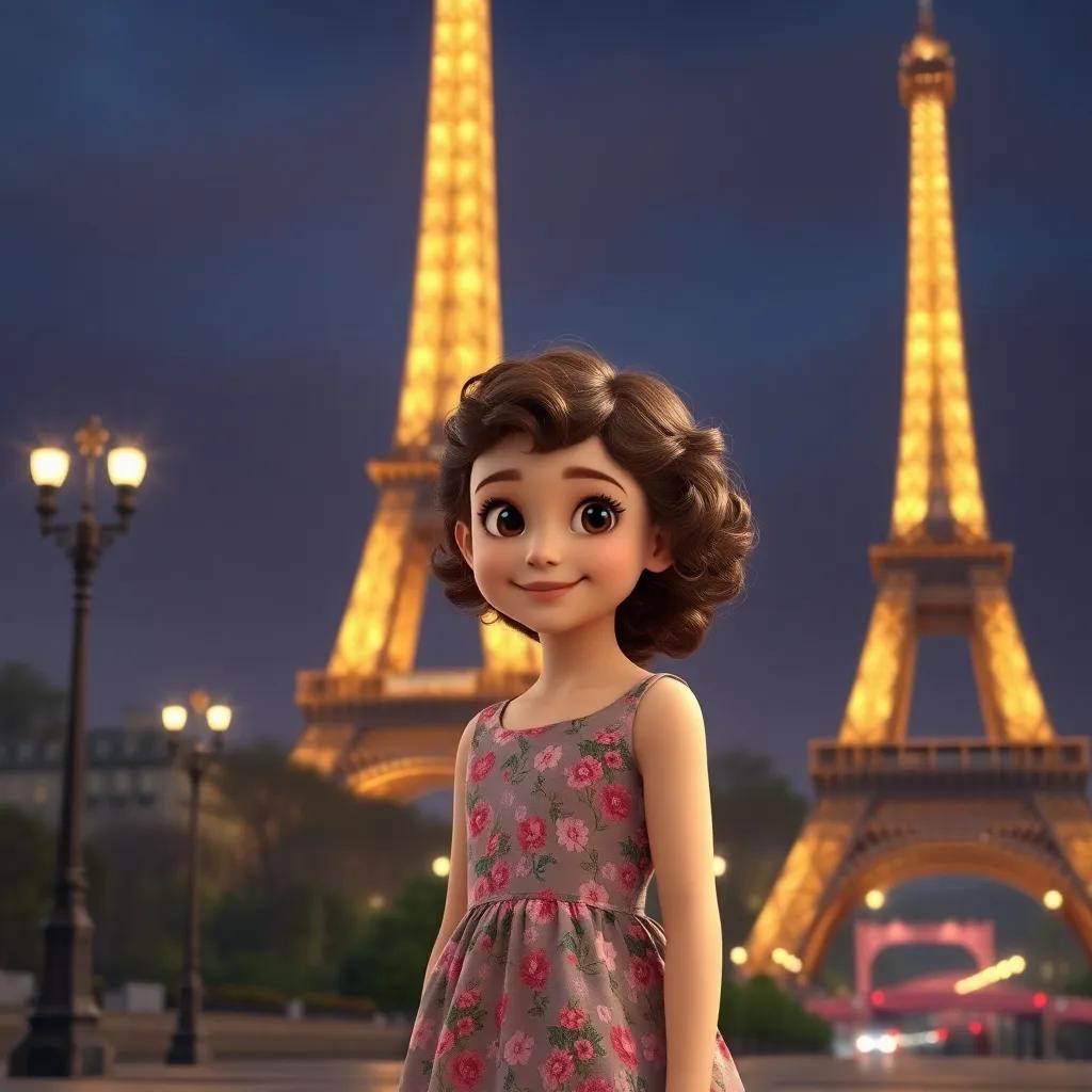 Emma, a young girl with curly brown hair in a flowery dress, standing in front of the Eiffel Tower in Paris at night, with glowing lights, romantic atmosphere, digital art, beautiful, colorful, high quality