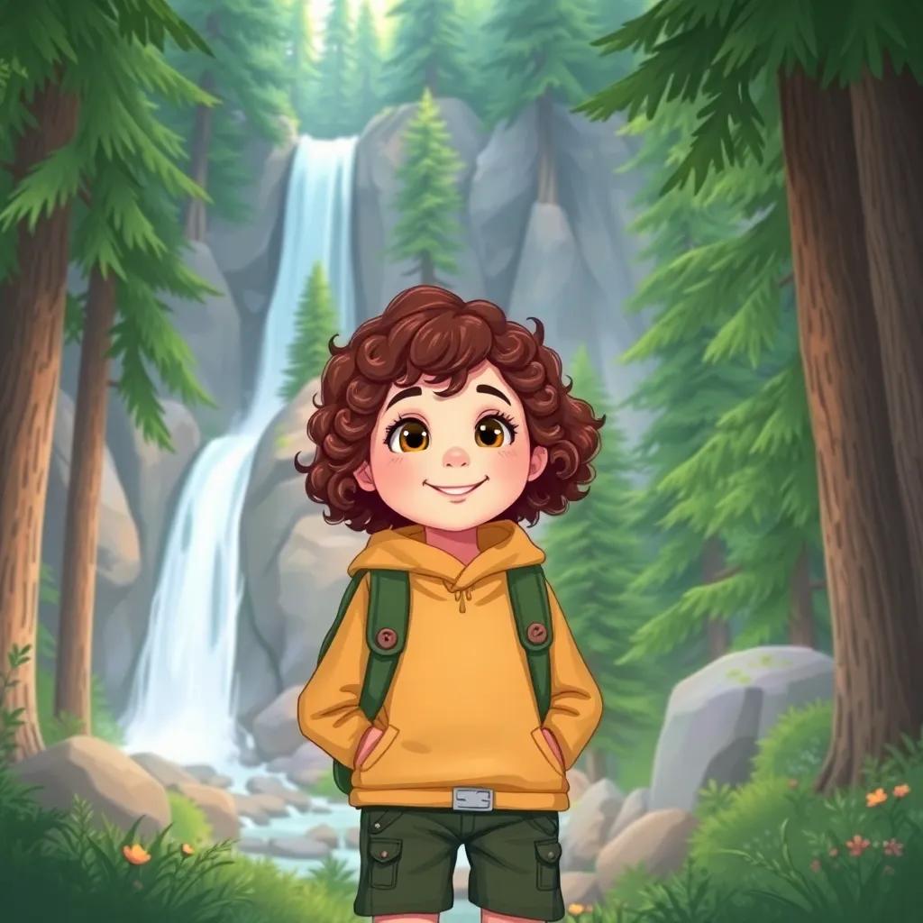 Emma, a young girl with curly brown hair in outdoor clothes, exploring a magical Canadian forest, discovering a waterfall and tall green trees, enchanting scene, illustration, serene colors, joyful spirit, high quality