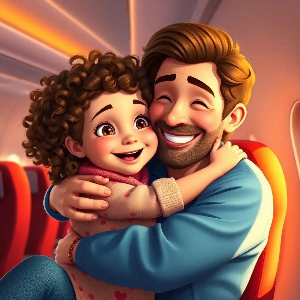 Emma, a young girl with curly brown hair, hugging her dad with a smiling face on a plane, filled with excitement and love, travel atmosphere, digital art, warm light, happy colors, high quality