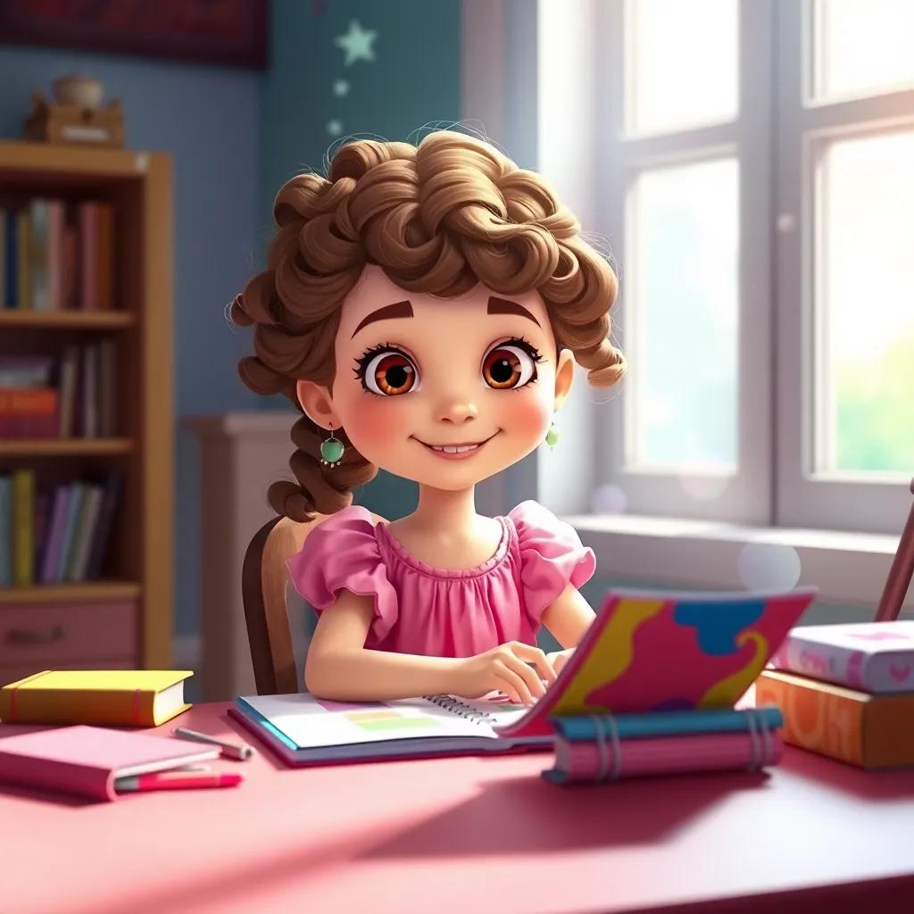 A young girl, Emma, with curly brown hair wearing a pink dress, sitting at a desk with a colorful diary, bright light from a window, magical atmosphere, child-friendly, cheerful