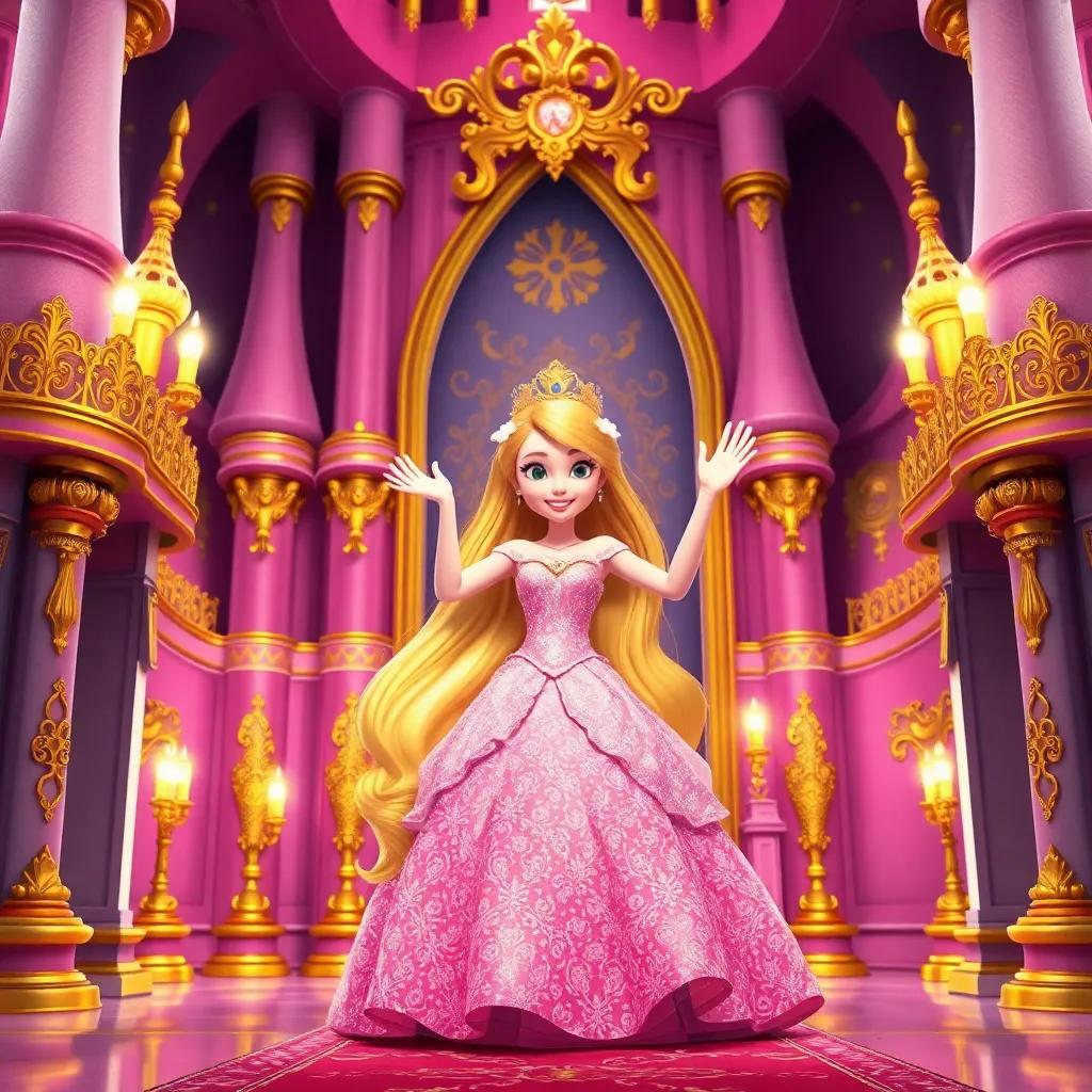 A princess, Lila, with long golden hair and a sparkling gown, waving happily in a grand pink castle, decorated with gold accents, bright colors, inviting scene, fantasy