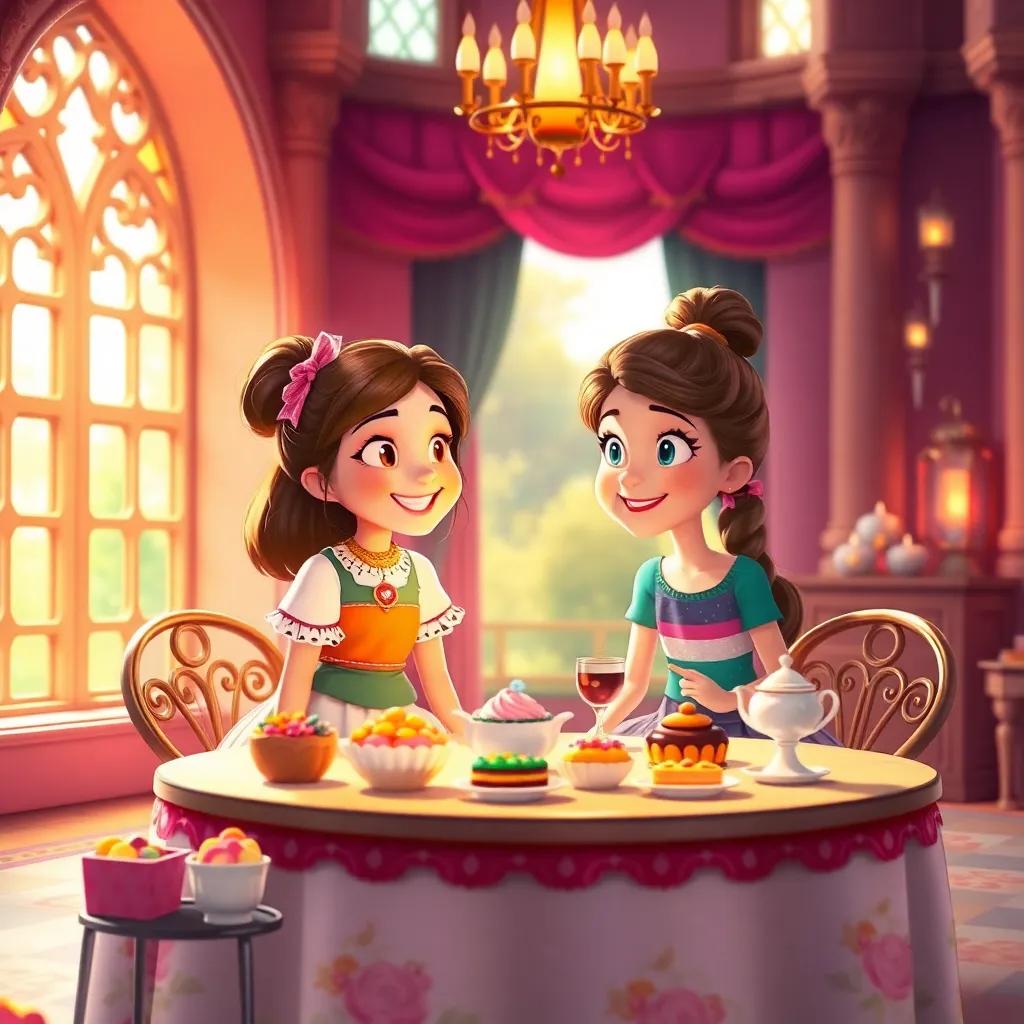 A beautiful tea party setup in a castle, with a table full of colorful treats, two girls, Emma and Lila, sitting together in joy, digital art, vibrant colors, welcoming light