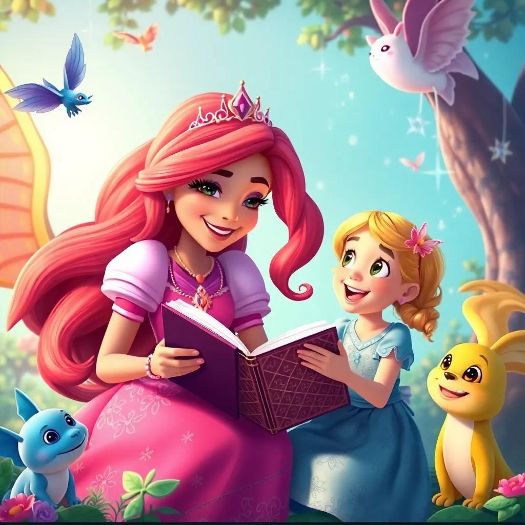 Princess Lila sharing her adventurous stories with Emma, both girls with delighted expressions, surrounded by magical creatures, colorful and lively