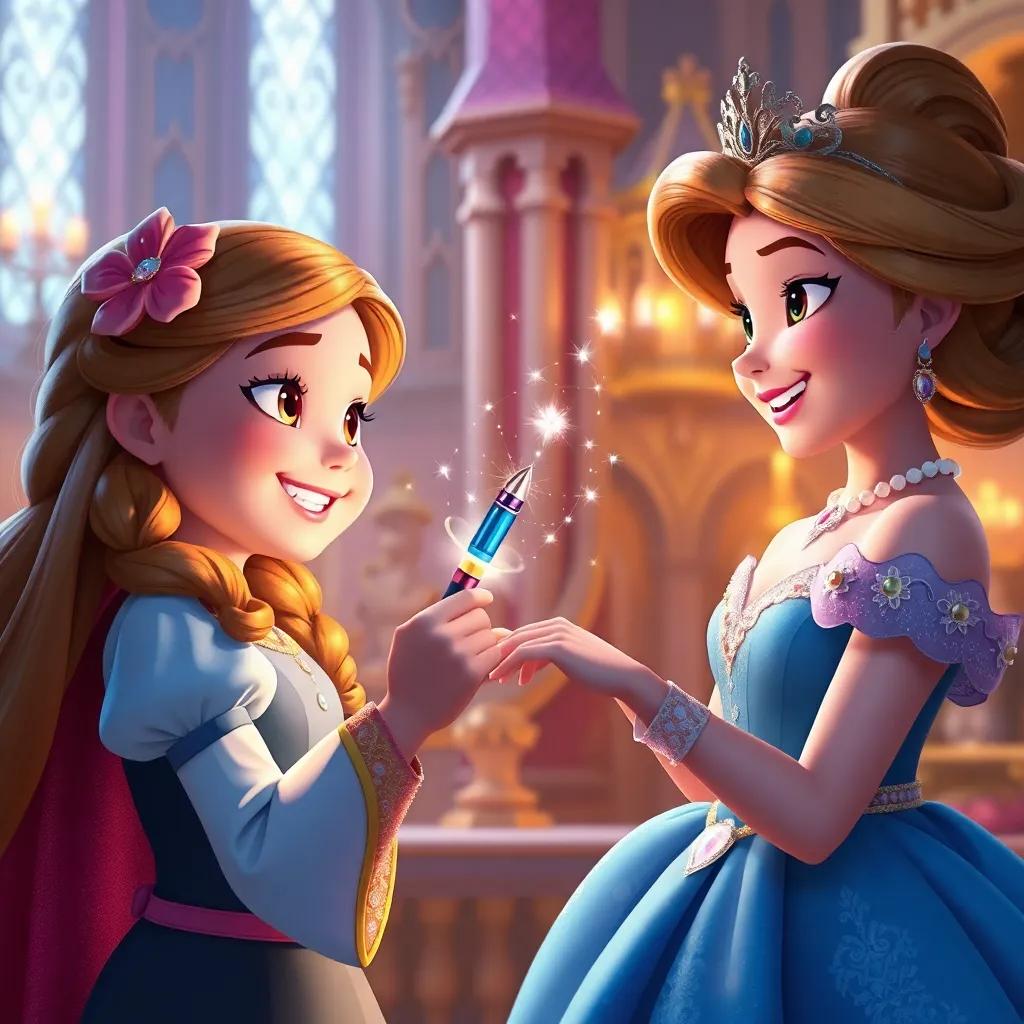 Emma receiving a magical pen from Princess Lila, with sparkling effects around it, joyful expressions, in the enchanting castle setting, warm light, uplifting