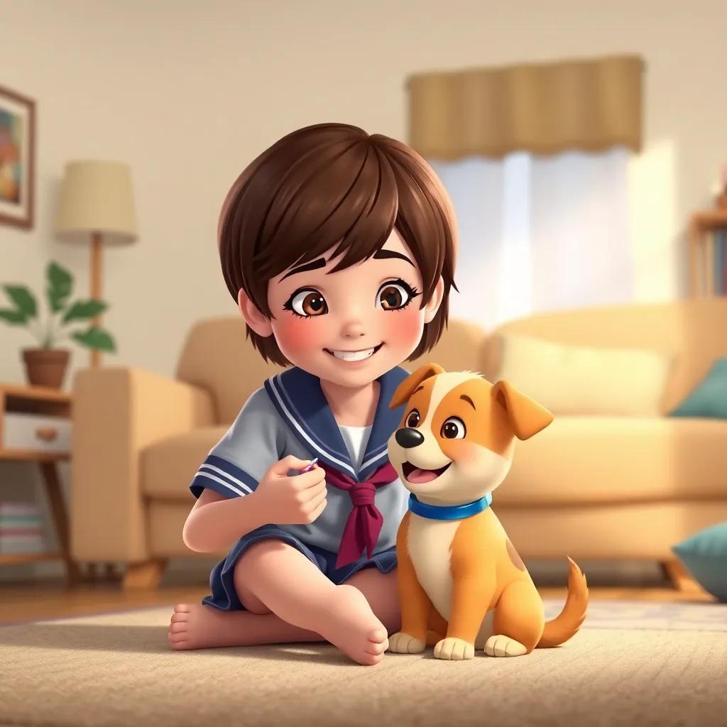 Emma, a young girl with short brown hair in a school uniform, smiling while feeding a small puppy with wagging tail and a happy face, sitting on a cozy living room floor, soft lighting, cheerful colors, heartwarming scene, high quality