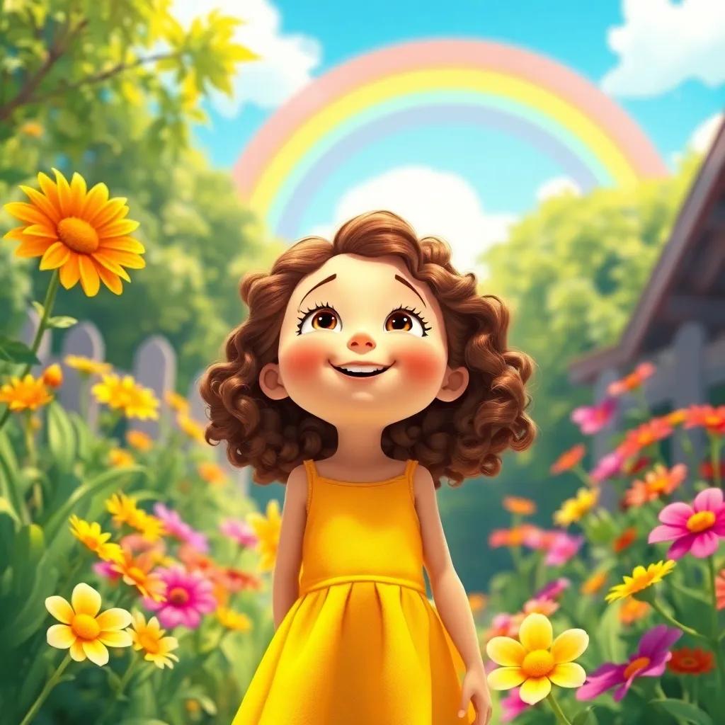 A cheerful girl, Emma, with curly brown hair and a bright yellow dress, standing in a sunny garden with vibrant flowers, looking up at a talking rainbow in the sky, digital art, colorful, sunny ambiance, high quality