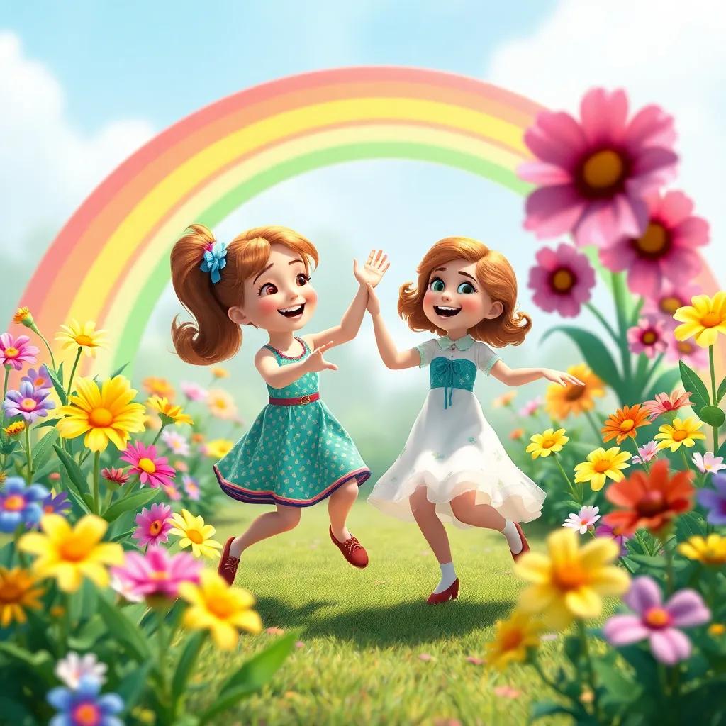 Emma and the rainbow dancing in a garden, surrounded by flowers of various colors, laughing and twirling, creating a joyful scene, vivid colors, uplifting mood, high quality
