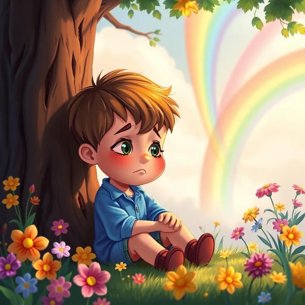 A sad little boy sitting under a tree with tearful eyes, with Emma and the rainbow approaching him, colorful flowers around, digital painting, heartwarming, bright colors