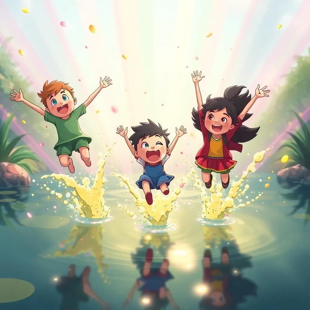 All three characters jumping into a pond, splashing colors everywhere, creating a magical scene with rainbows in the water, joyful expressions, colorful splashes, illustration, fun atmosphere