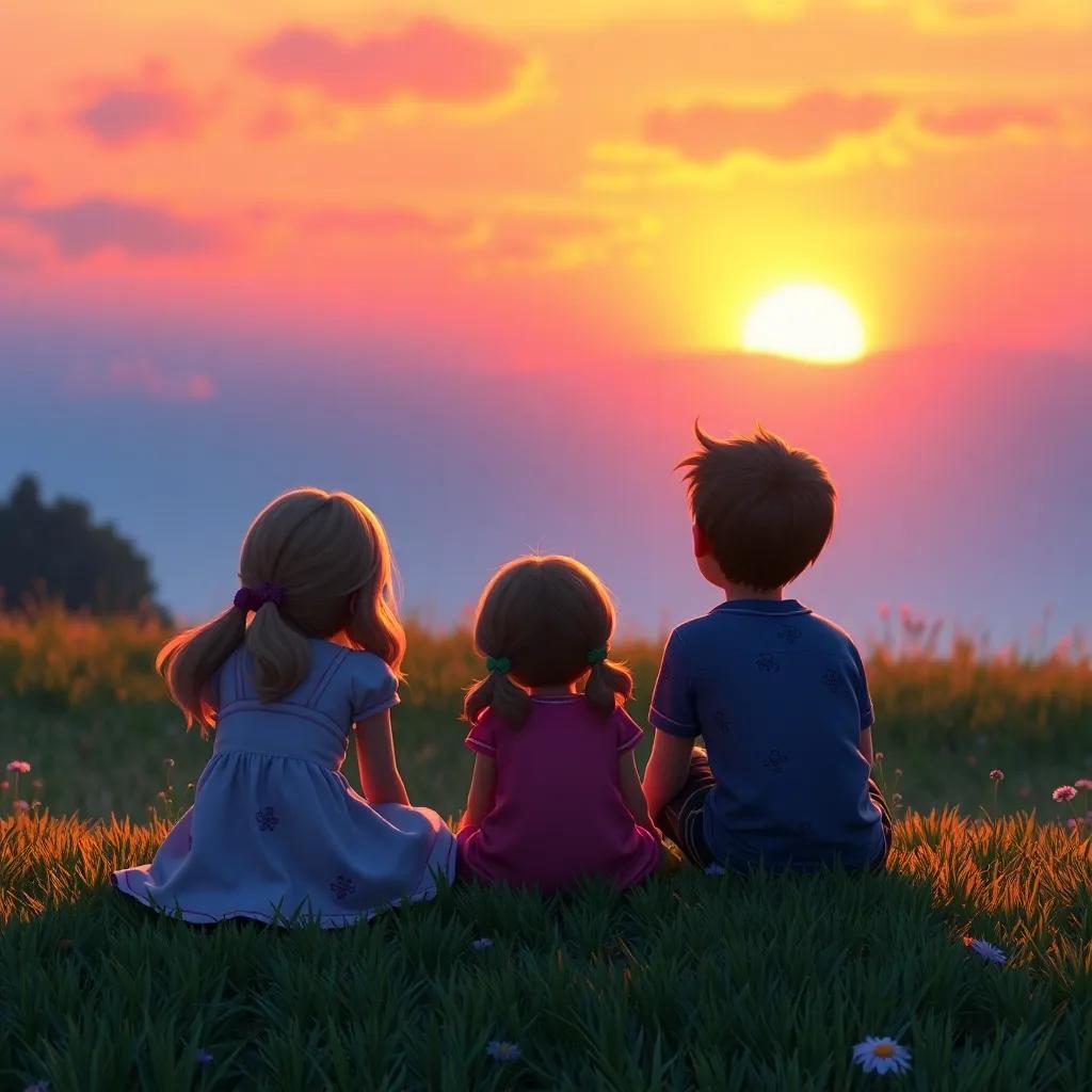 Emma and her friends sitting on the grass, watching the golden sunset sky painted with vibrant colors, feeling joyful and content, digital art, serene, warm light