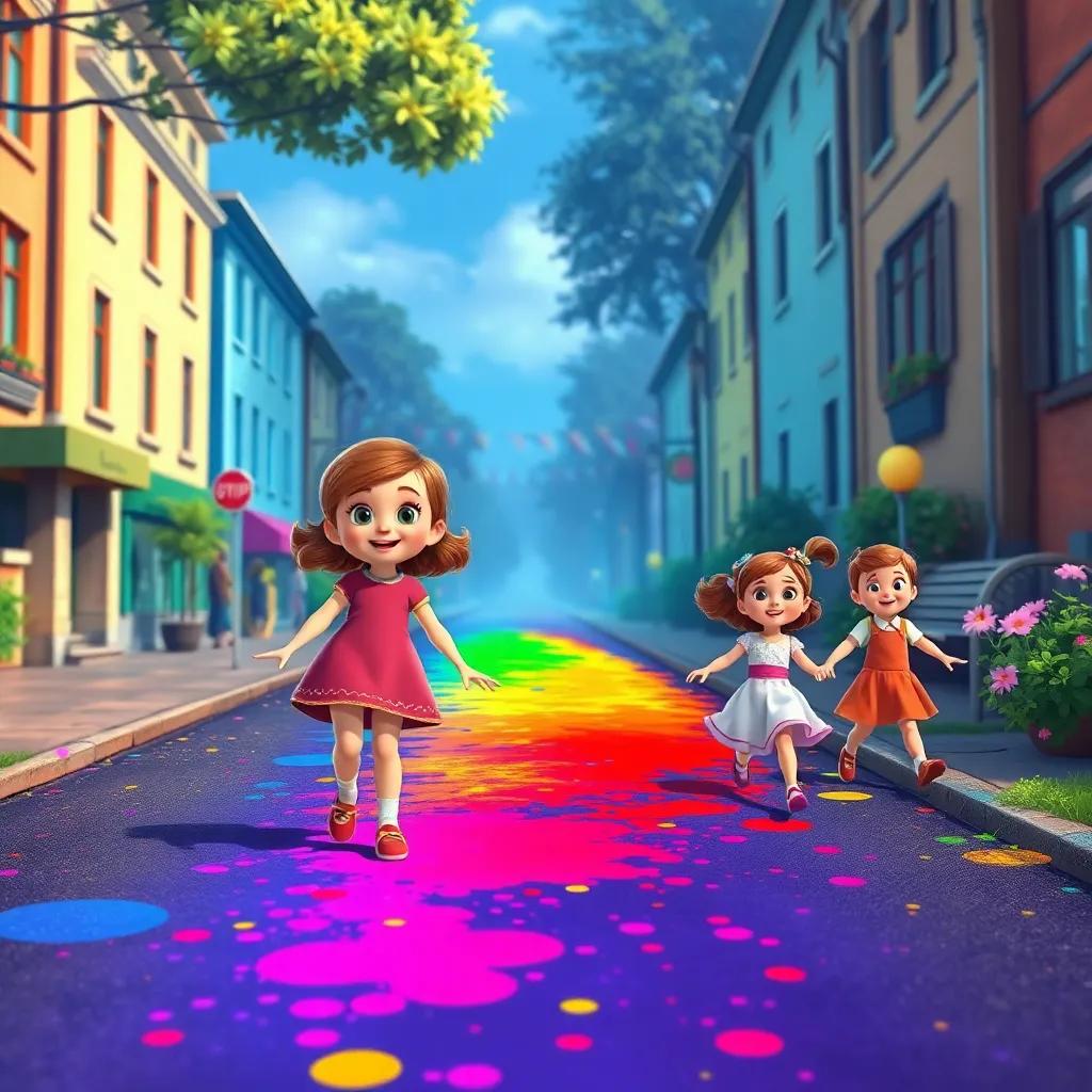 Emma and the rainbow creating a colorful trail on a street, with happy children dancing along, bright splashes of color, cheerful scene, vibrant art