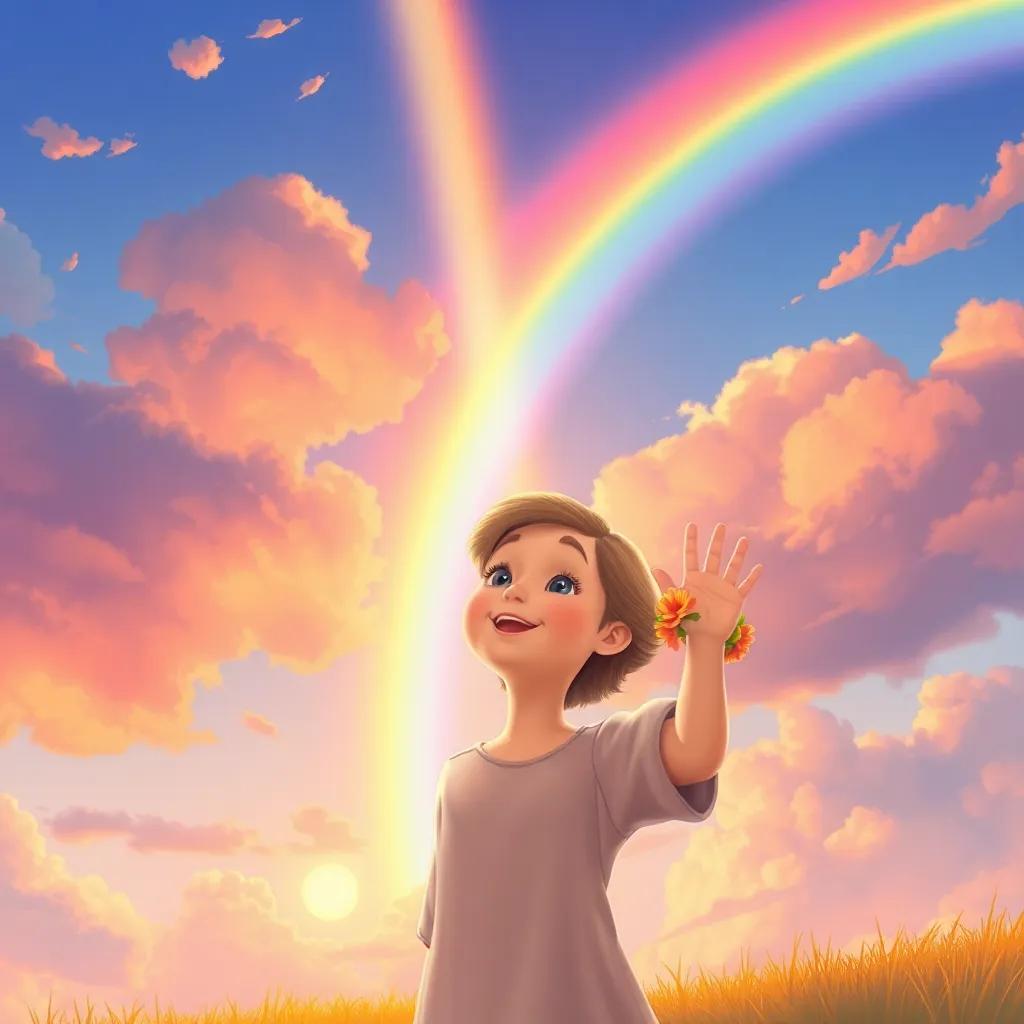 Emma waving goodbye to the rainbow in the sky, with a promise of future adventures, colorful clouds, uplifting atmosphere, digital painting, warm hues