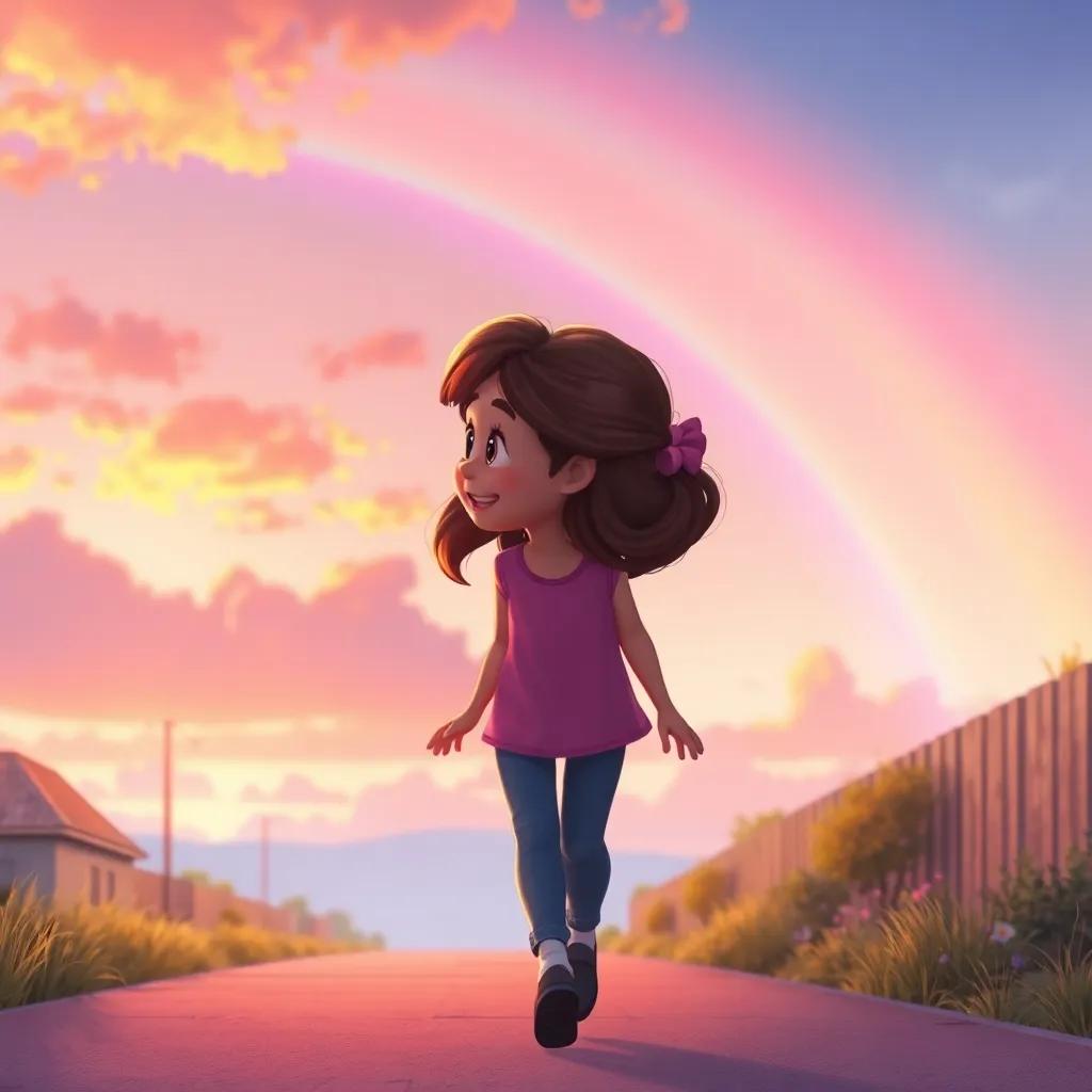 Emma walking home with a smile on her face, looking back at the colorful sky, with the silhouette of the rainbow fading, heartwarming, gentle light, pastel colors