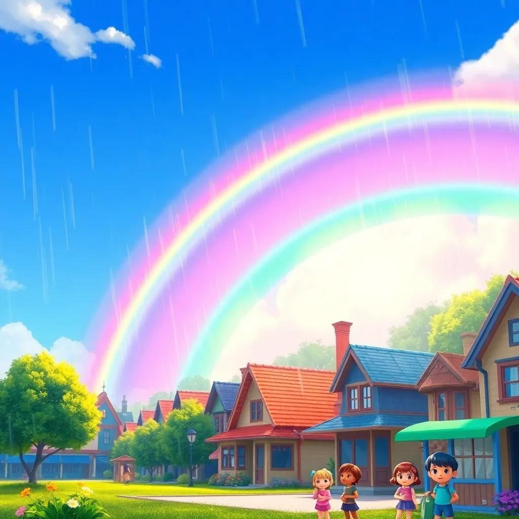 A beautiful rainbow appearing over Emma's town after rain, with clear blue skies and children playing below, vibrant colors, joyful atmosphere, high quality