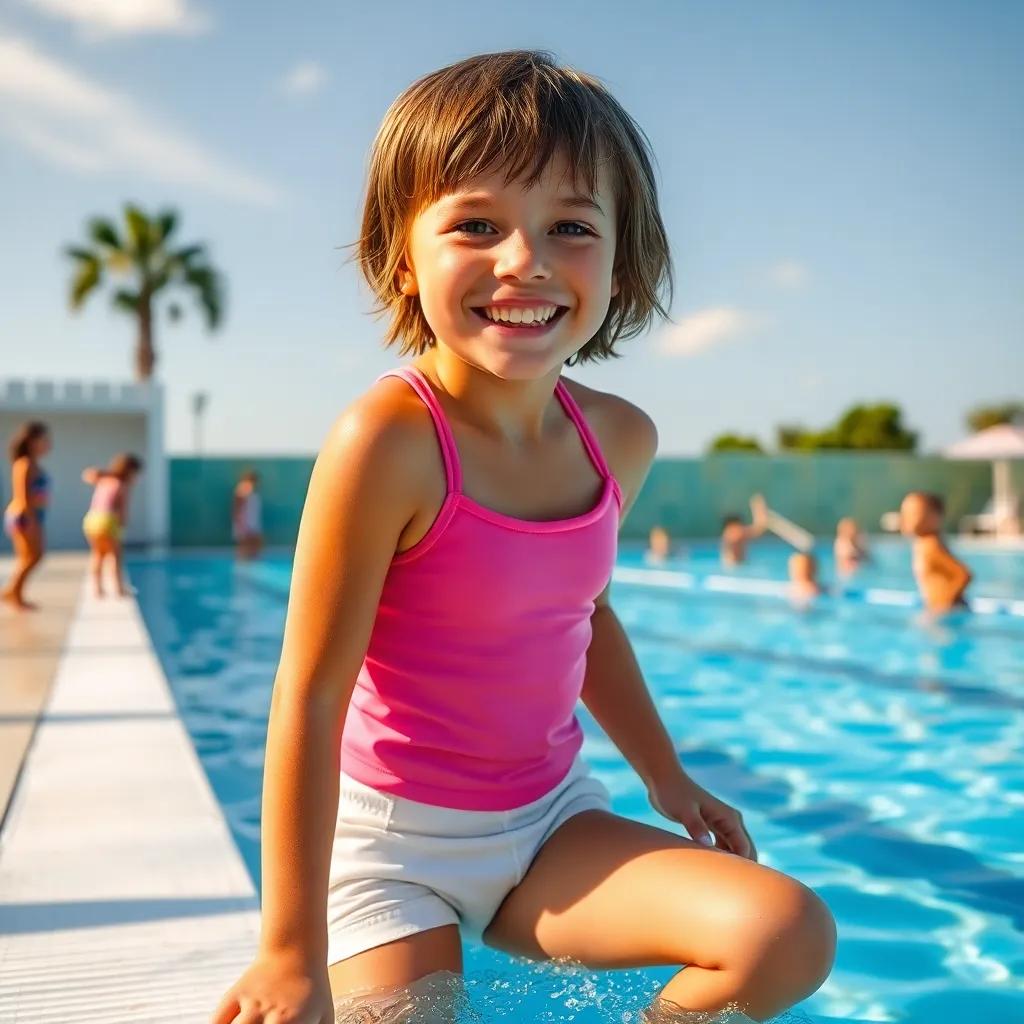 Emma, a 12-year-old girl with short brown hair, wearing a pink swimsuit and white shorts, smiling joyfully as she prepares to jump into the big swimming pool on a sunny day, children playing in the background, bright sky, cheerful atmosphere