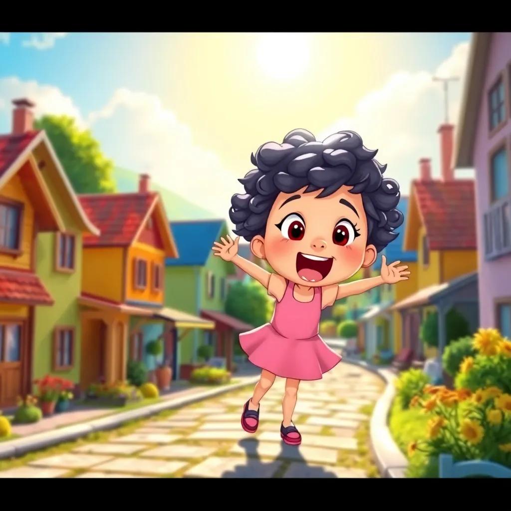 A bright little town with colorful houses, a girl named Emmy, with short curly hair, wearing a pink dress, excitedly shouting, vibrant sunlight, cheerful, illustration, high quality, children-friendly