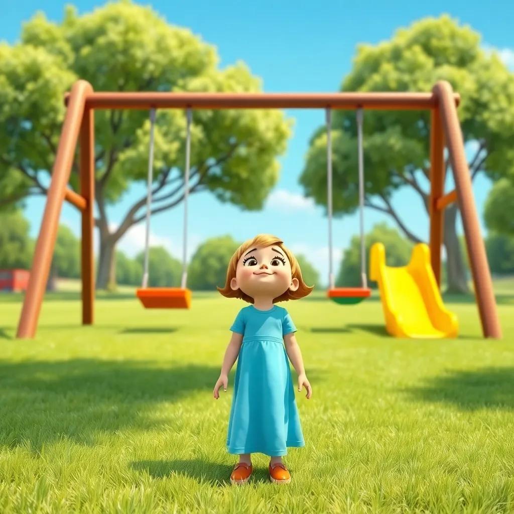 Emmy at the park with green grass, big swings and a slide; she is looking up at the swings with friends, bright blue sky, cheerful atmosphere, playful, high quality
