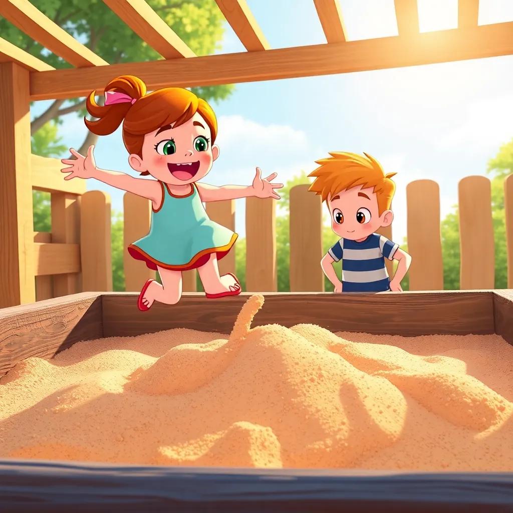 Emmy in the sandbox, jumping in excitedly while her friend Max looks disappointed, bright colors, sunny day, illustrating a mess in the sandbox, warm light