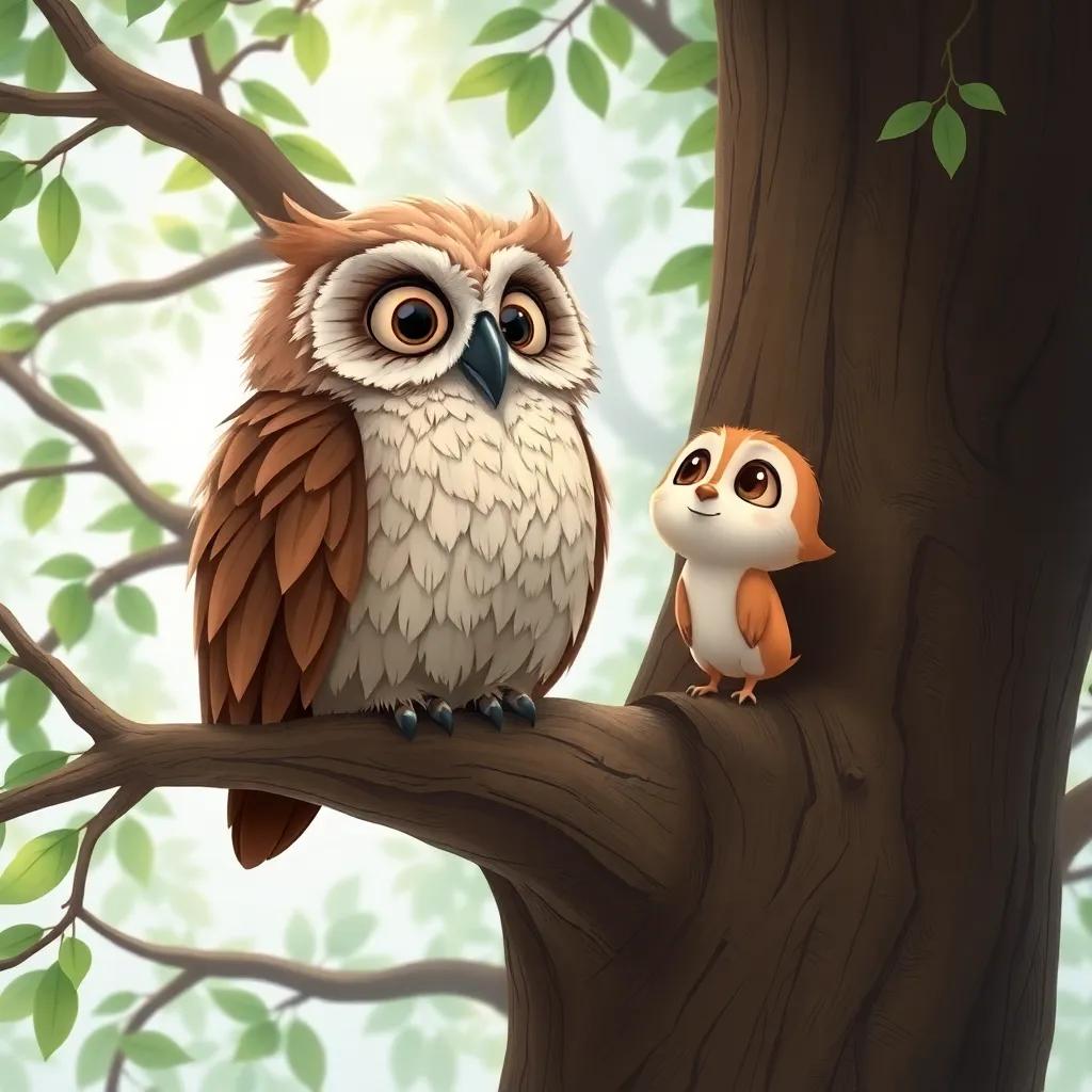 An old wise owl perched on a big tree, with Emmy looking up, thoughtful expression, surrounded by green leaves, calm atmosphere, charming children's book style