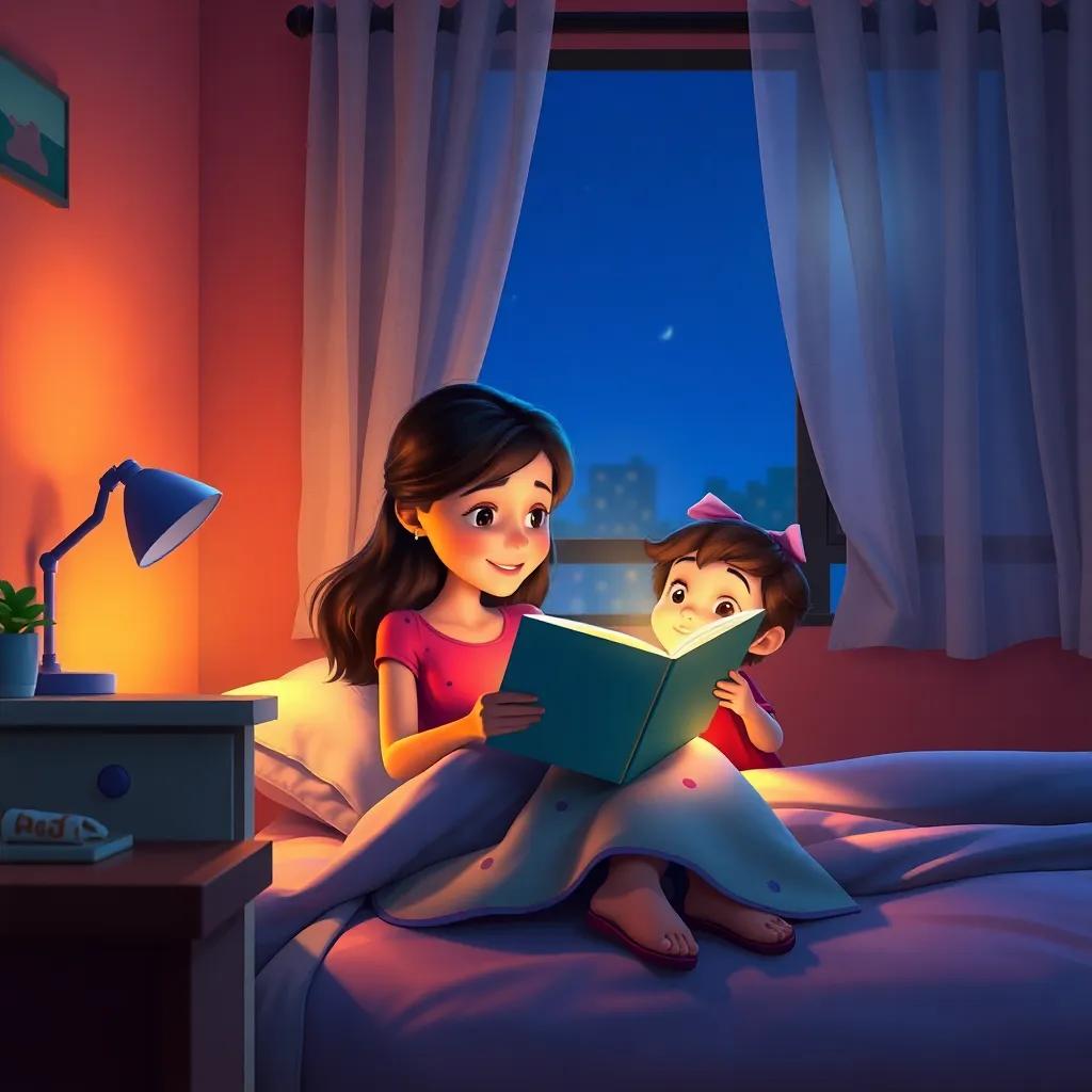 A cozy nighttime bedroom scene, a mother reading a bedtime story to Emmy, warm light from a bedside lamp, colorful walls, inviting and loving atmosphere