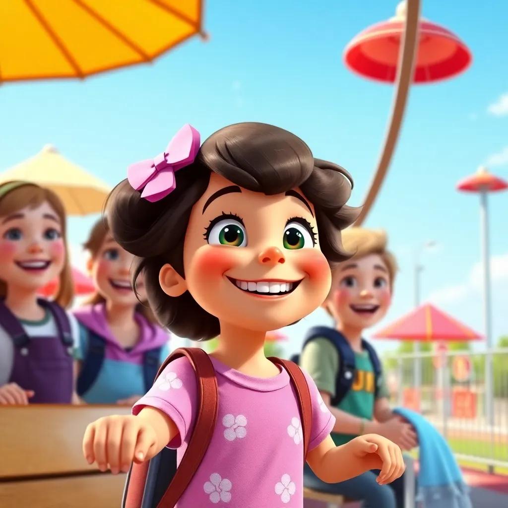 Emmy at the park, with a big smile while waiting for her turn, friends around her cheering, sunny day with laughter, bright colors, joyful and engaging