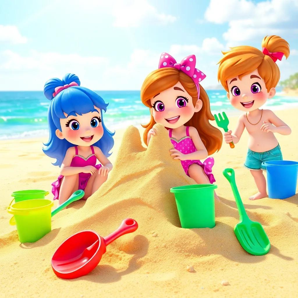 A bright sandy beach scene with Emmy and friends building a sandcastle happily, colorful buckets and shovels, sunny day, joyful, togetherness