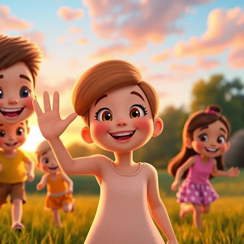 Emmy smiling and waving to her friends while they are playing, bright evening with sunset colors, friendly expressions, child-friendly and vibrant
