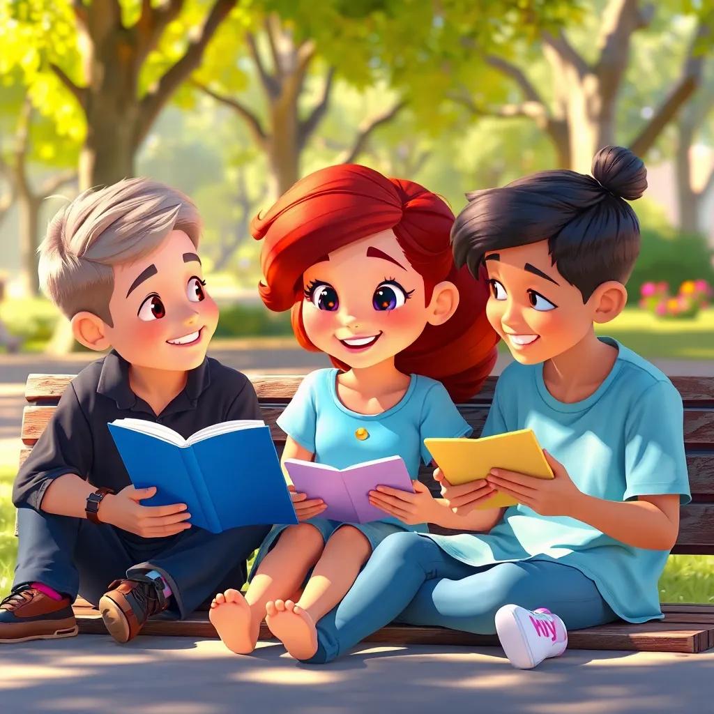Emmy sitting with friends, listening eagerly as they share stories, bright park scene, happy expressions, warm tones, playful and engaging mood