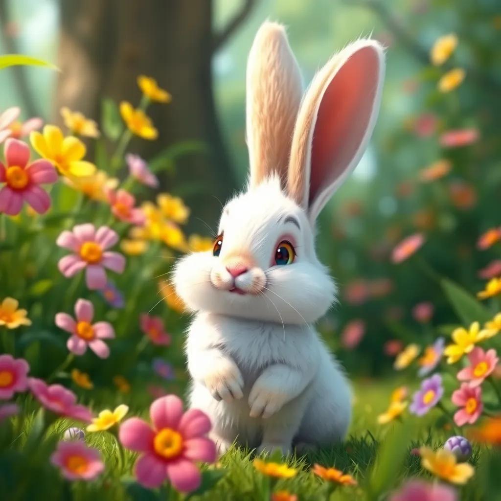 A small rabbit named Biscoito, with fluffy white fur and big ears, standing in a lush green forest, vibrant flowers blooming everywhere, digital art, colorful and whimsical atmosphere, joyful perspective, high quality