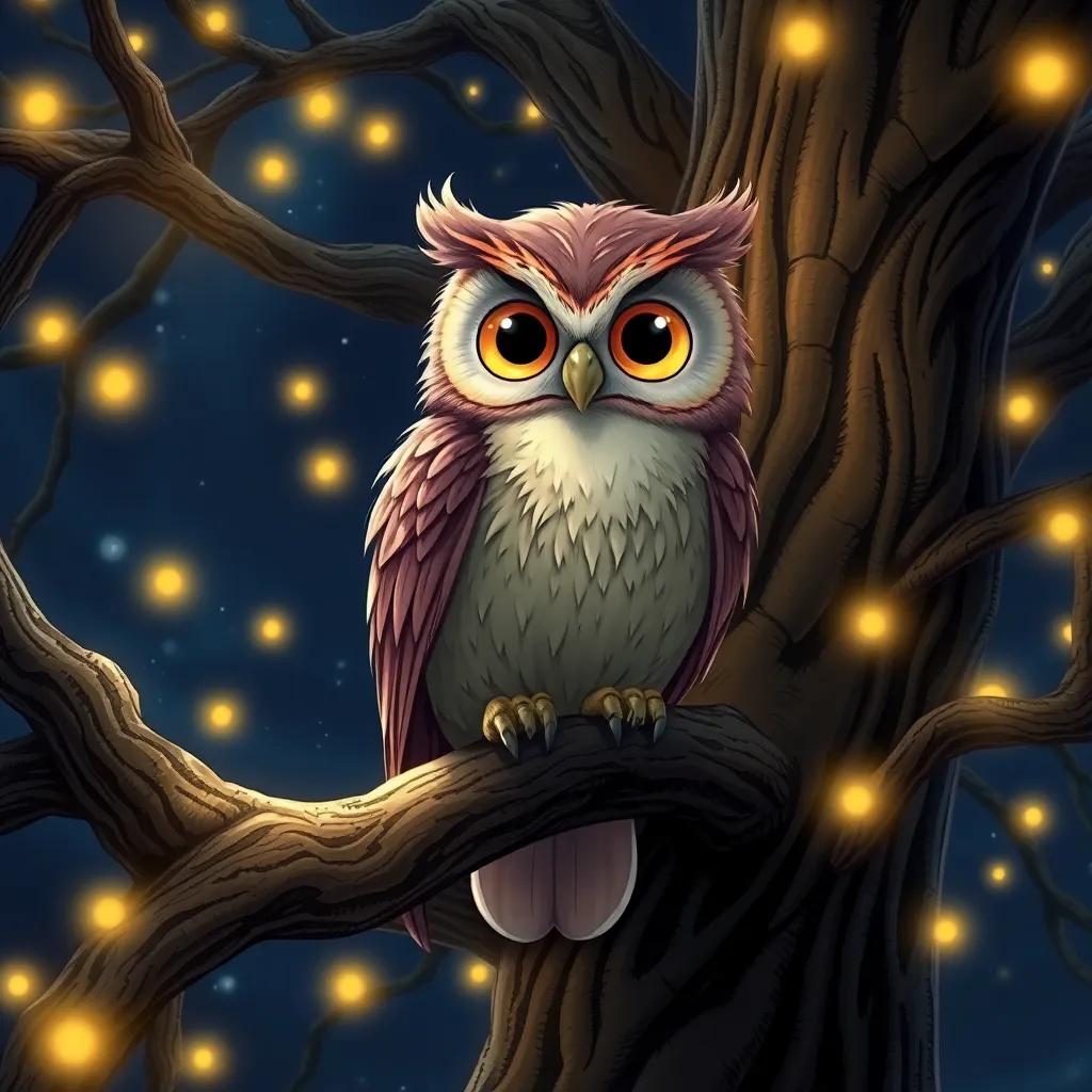 A wise owl named Sabina, with large golden eyes and soft brown feathers, perched on a branch of an ancient tree, surrounded by sparkling fireflies, detailed illustration, night scene, magical glow, enchanting view, high quality