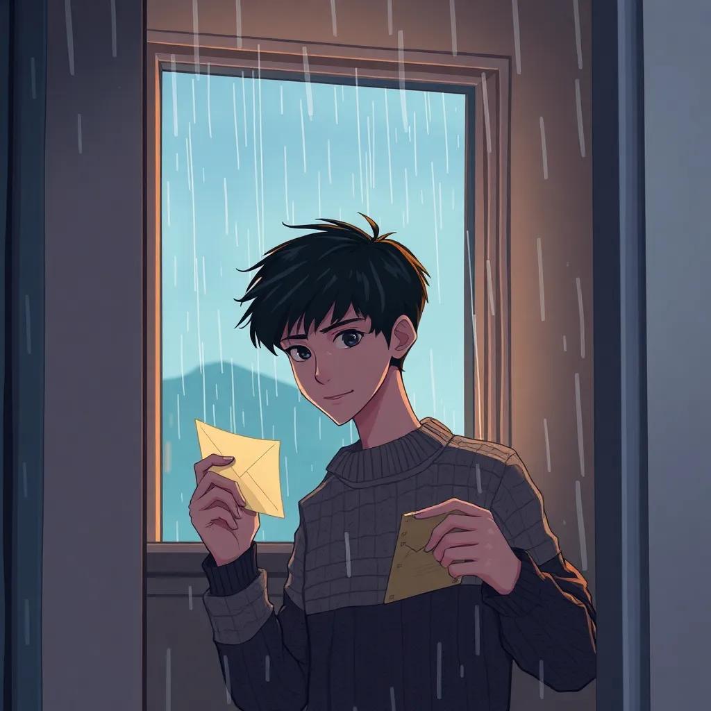 On a rainy evening, a young man named Alex, with short dark hair and wearing a cozy sweater, finding an old letter inside a wall of his apartment, rain against the window, soft light dimming, mysterious atmosphere, illustration, warm and inviting