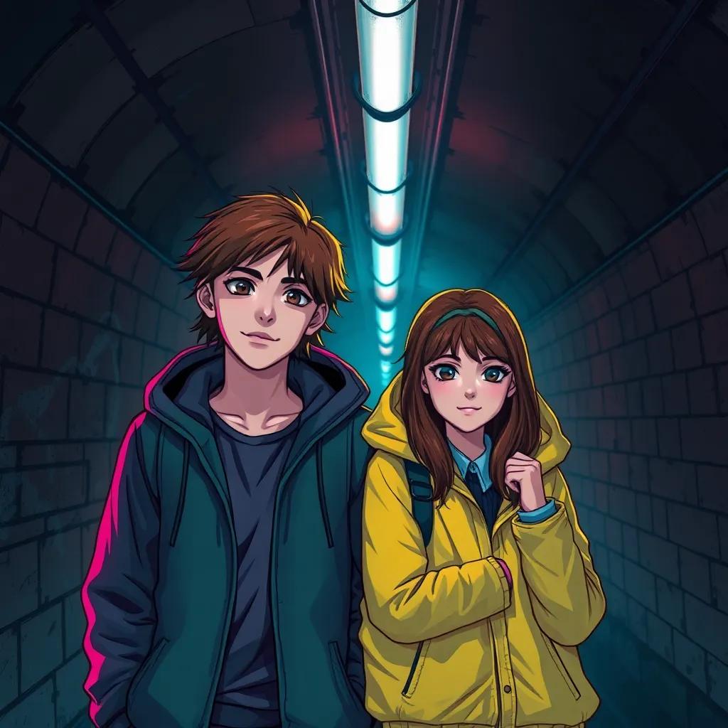 A brave young man, Alex, and a clever girl, Elena, with long brown hair and wearing a bright jacket, hiding together in a dark subway station with old walls and flickering lights, sharing a secret plan, colorful art, energetic scene