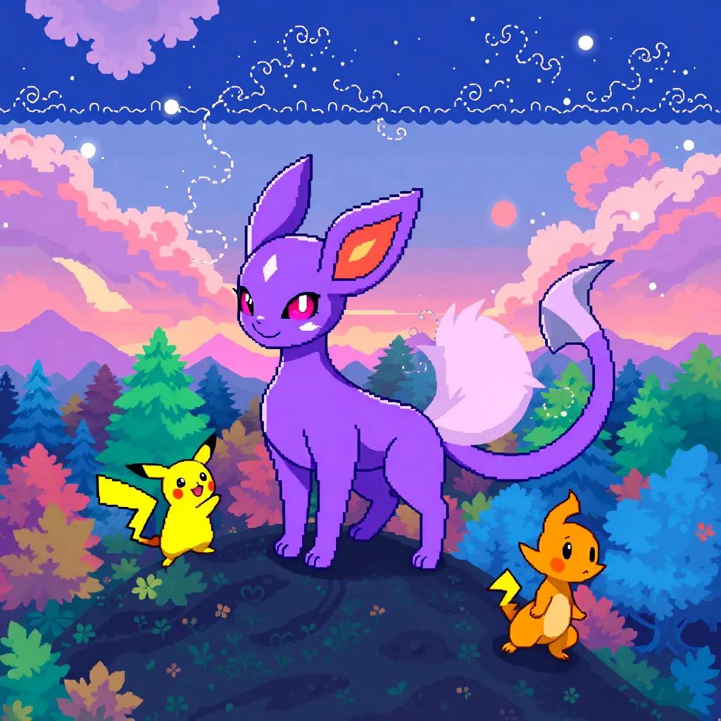 A beautiful purple Pokémon, Espeon, with sparkling eyes and elegant tail, standing on a hilltop with friends, Pikachu and Charizard, in a colorful forest, digital art, vibrant colors, inspiring scene, whimsical and heroic