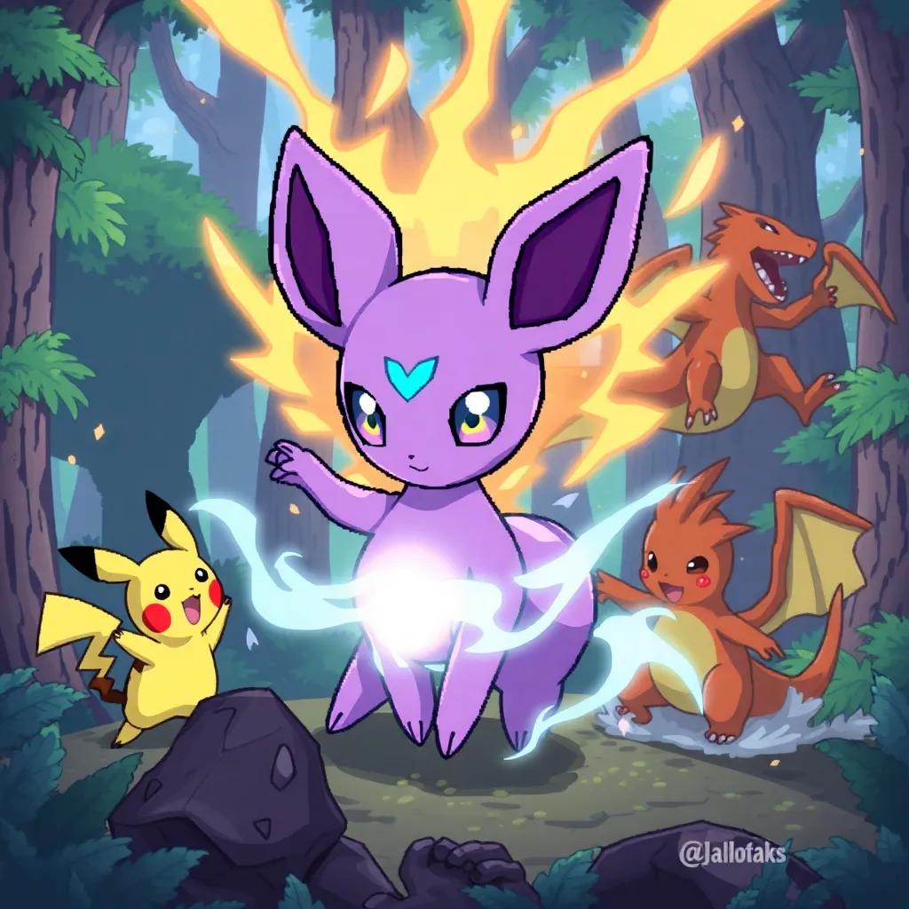 Espeon, a beautiful purple Pokémon, using psychic powers to create a protective shield, surrounded by friends, Pikachu and Charizard, fighting shadows in a magical forest, illustration, vibrant and dynamic, action-packed