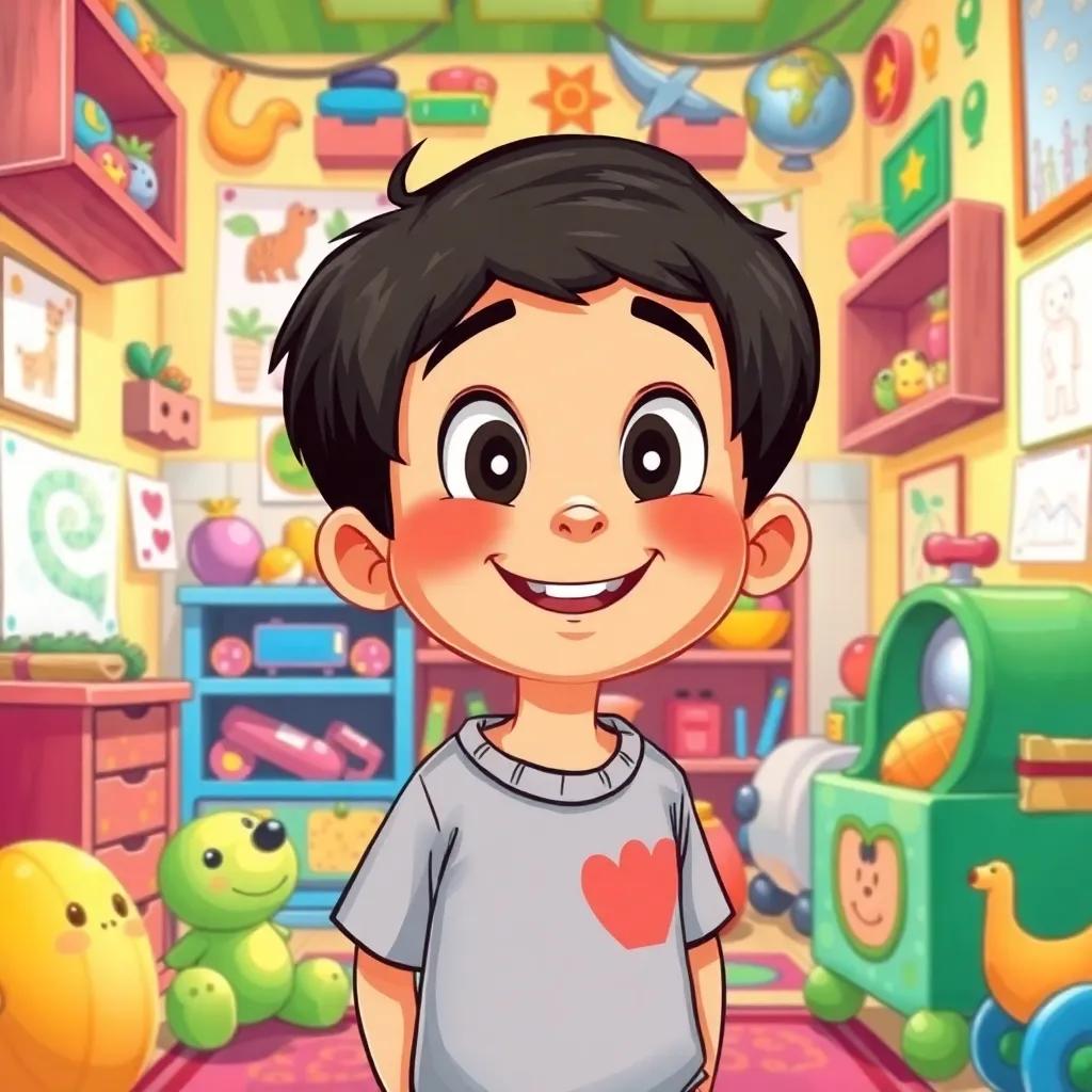 A young boy, Joãozinho, with short black hair and bright eyes, standing in his colorful room filled with toys and drawings, smiling happily while looking at his mother, cheerful and child-friendly, illustration, vibrant colors, cozy atmosphere, high quality