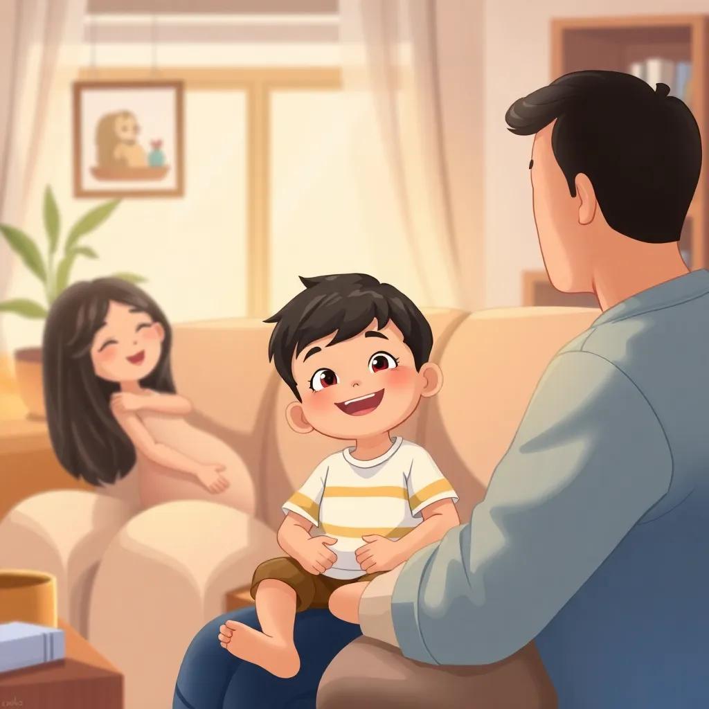 A young boy, Joãozinho, with short black hair and bright eyes, sitting on a sofa with his parents, a cozy living room filled with love, expressing joy at the news of a new sibling, digital art, soft lighting, inviting colors, heartwarming