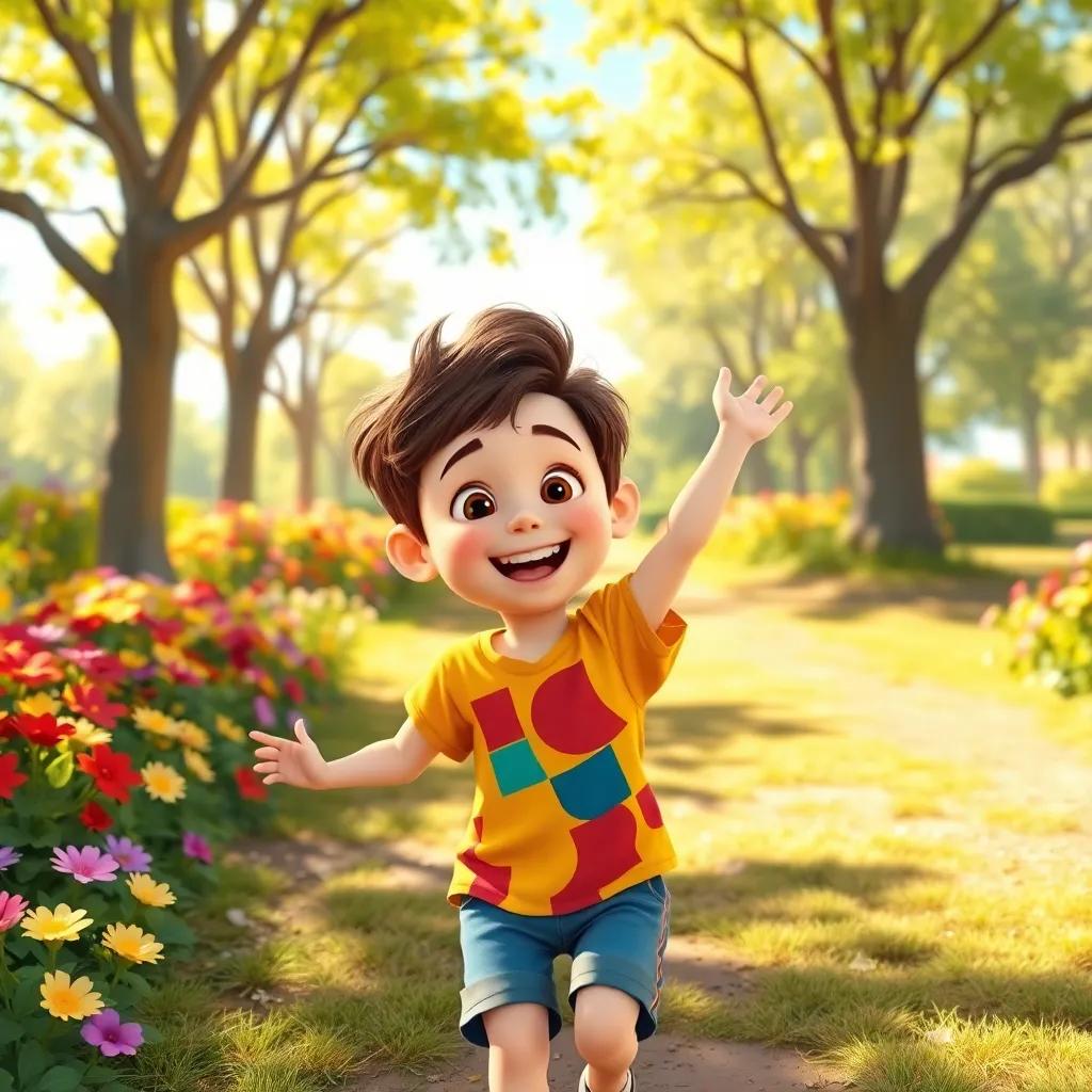 A lively boy, Evan, with short brown hair, wearing a colorful t-shirt and shorts, excitedly playing in a sunny park with flowers and trees, digital art, bright colors, joyful atmosphere, high quality