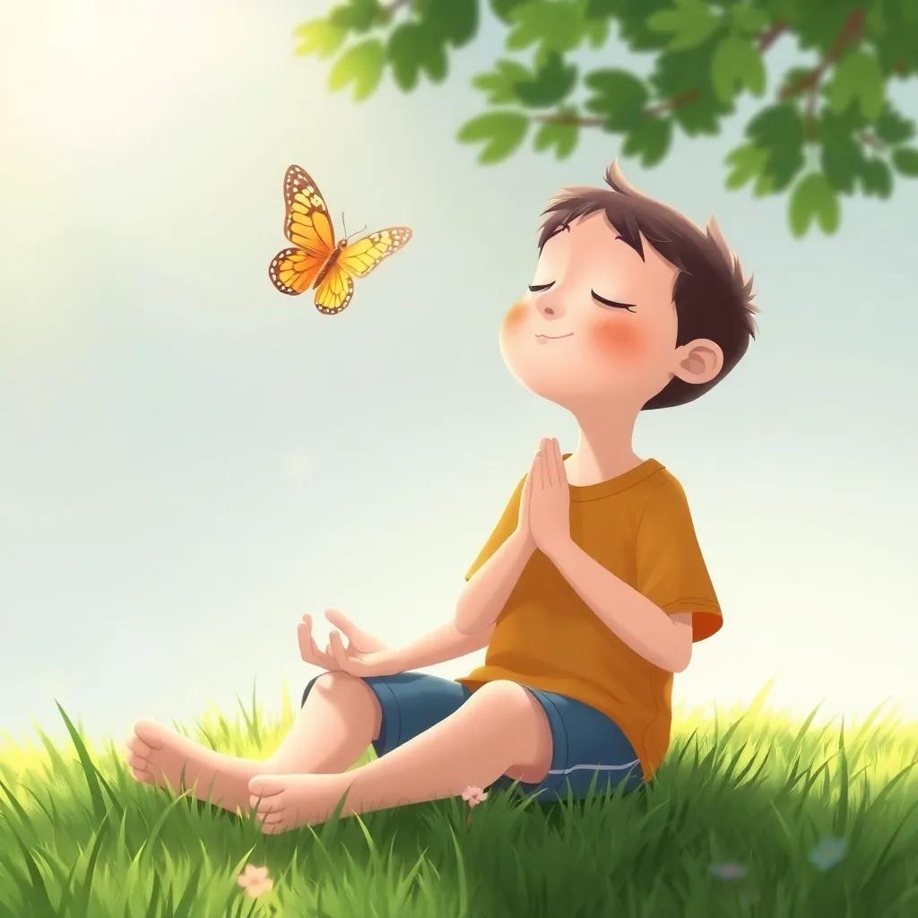 A calm scene with Evan sitting on green grass, practicing deep breathing while admiring a beautiful butterfly flying around him, illustration, soft light, peaceful mood, child-friendly