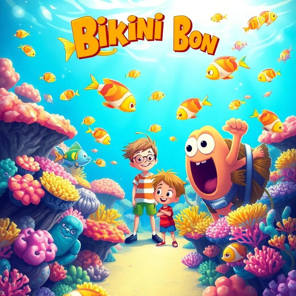 A scene in Bikini Bottom with colorful fish swimming around a young visitor, vibrant coral reefs in a bright underwater world, digital art, lively and cheerful atmosphere, bright colors, underwater perspective, high quality