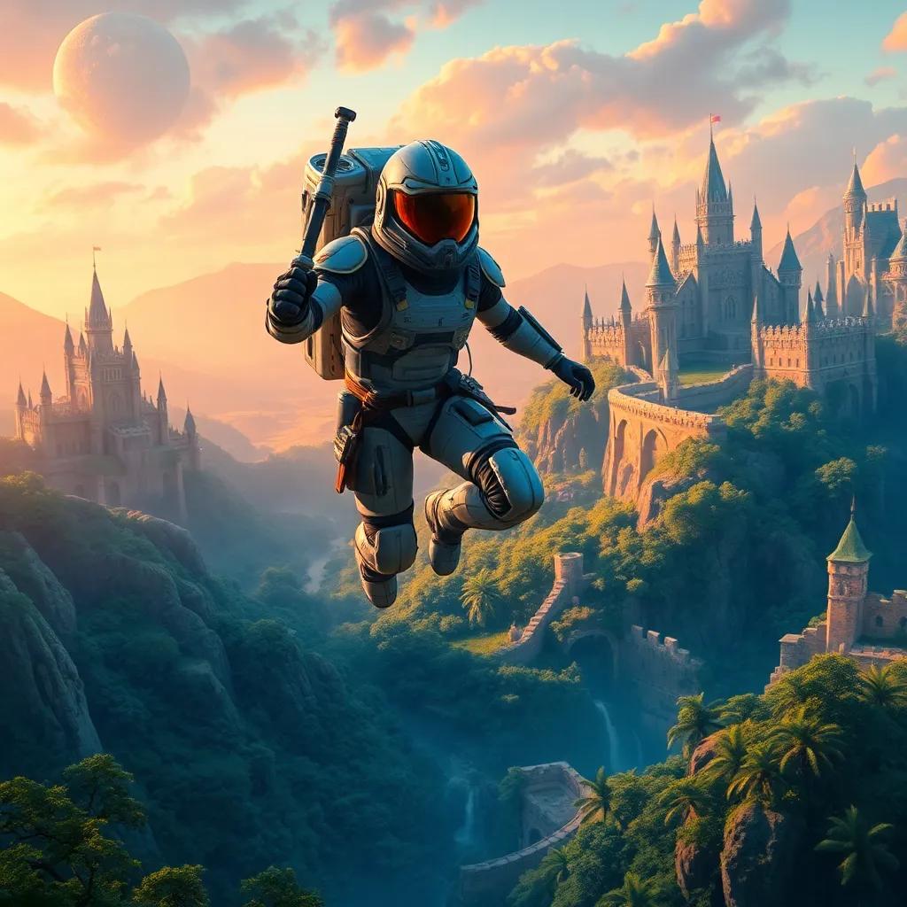 A brave space warrior, Fabiano, landing on a medieval planet, surrounded by lush greenery and castles in the distance, colorful digital art, bright colors, adventurous atmosphere, high quality